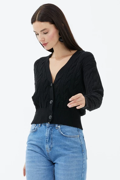 V Yaka Düğmeli Saç Örgülü Triko Hırka - Siyah - Resim 3