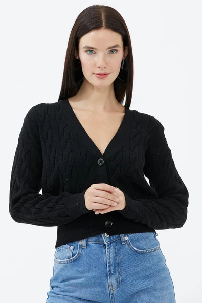 V Yaka Düğmeli Saç Örgülü Triko Hırka - Siyah ürün görseli