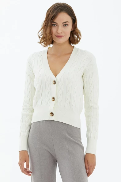 V Yaka Düğmeli Saç Örgülü Triko Hırka - Kemik ürün görseli