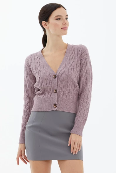 V Yaka Düğmeli Saç Örgülü Triko Hırka - Gül - Resim 3