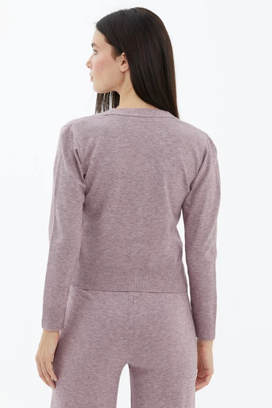 V Yaka Düğmeli Cepli Triko Hırka - Gül - Resim 4