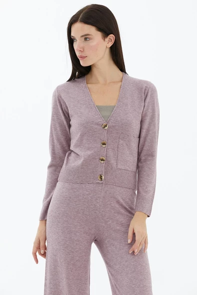 V Yaka Düğmeli Cepli Triko Hırka - Gül - Resim 2