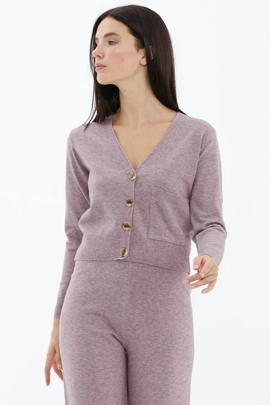 V Yaka Düğmeli Cepli Triko Hırka - Gül - Resim 3