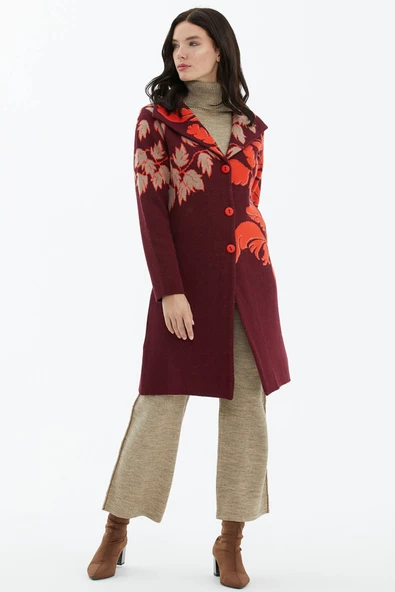 Geniş Polo Yaka Desenli Triko Hırka - Bordo - 3