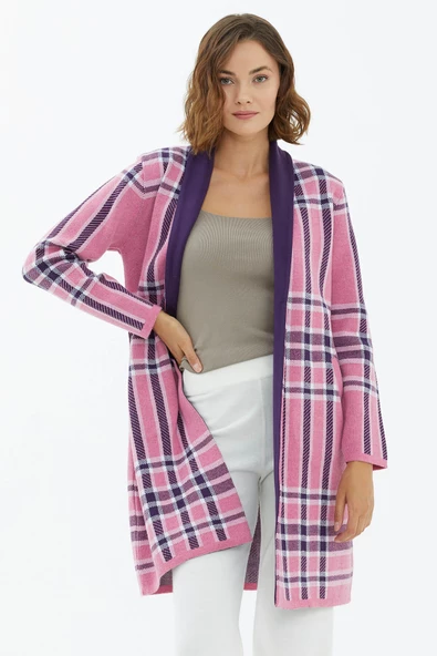 Şal Yaka Ekose Desenli Triko Hırka - Pembe ürün görseli