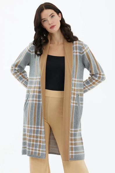 Şal Yaka Ekose Desenli Triko Hırka - Gri ürün görseli