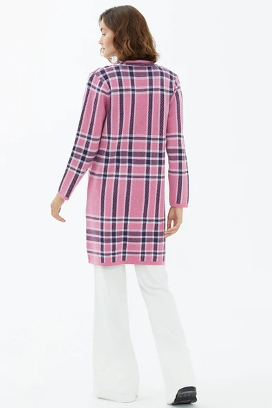 Şal Yaka Ekose Desenli Triko Hırka - Pembe - Resim 5