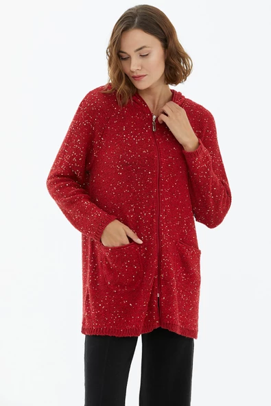 Kapüşonlu Fermuarlı Pullu Triko Hırka - Kırmızı - Resim 3