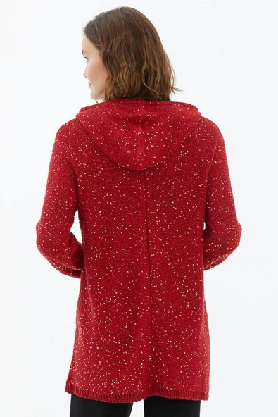 Kapüşonlu Fermuarlı Pullu Triko Hırka - Kırmızı - Resim 4