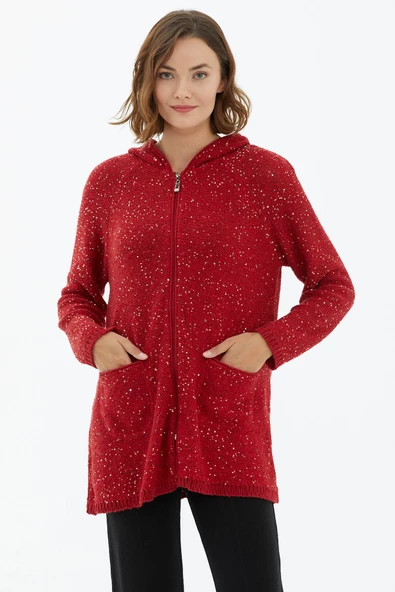 Kapüşonlu Fermuarlı Pullu Triko Hırka - Kırmızı - Resim 2