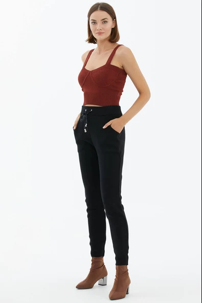 Kadın Cepli Triko Pantolon - Siyah - Resim 3