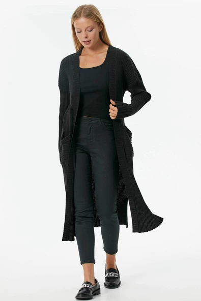 Oversize Uzun Triko Hırka - Siyah - Resim 2