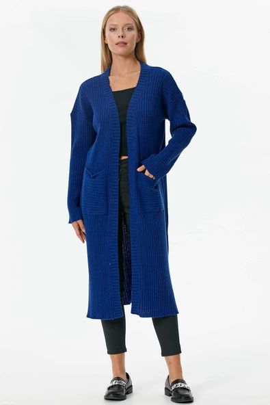 Oversize Uzun Triko Hırka - Saks - Resim 2