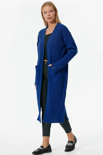 Oversize Uzun Triko Hırka - Saks - Resim 4