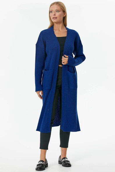 Oversize Uzun Triko Hırka - Saks - Resim 3