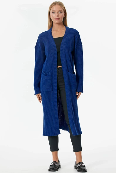 Oversize Uzun Triko Hırka - Saks
