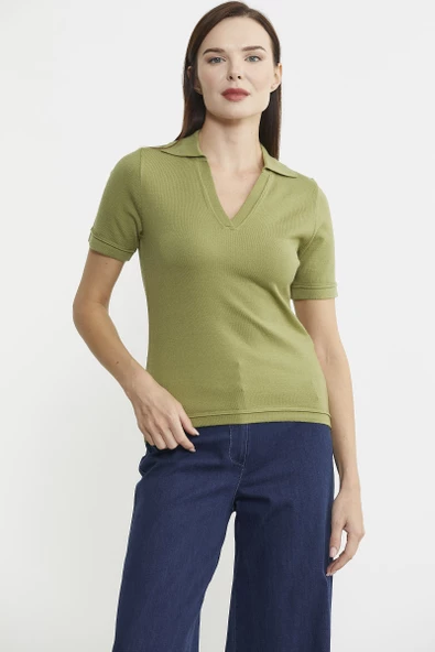 Polo Yaka Kısa Kol Triko Kazak - Yeşil - Resim 2