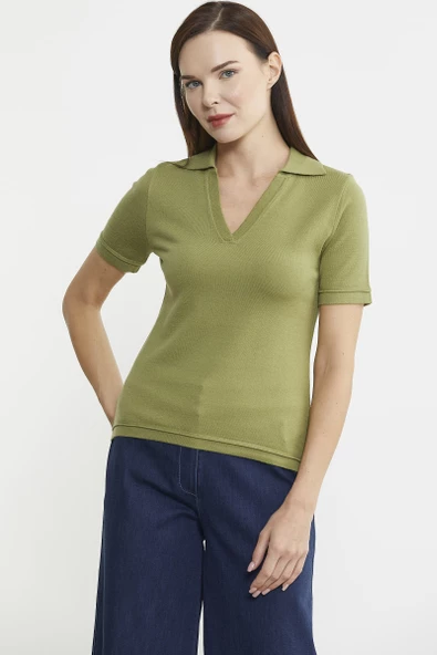 Polo Yaka Kısa Kol Triko Kazak - Yeşil - Resim 4