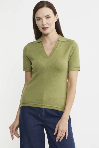 Polo Yaka Kısa Kol Triko Kazak - Yeşil - Resim 3