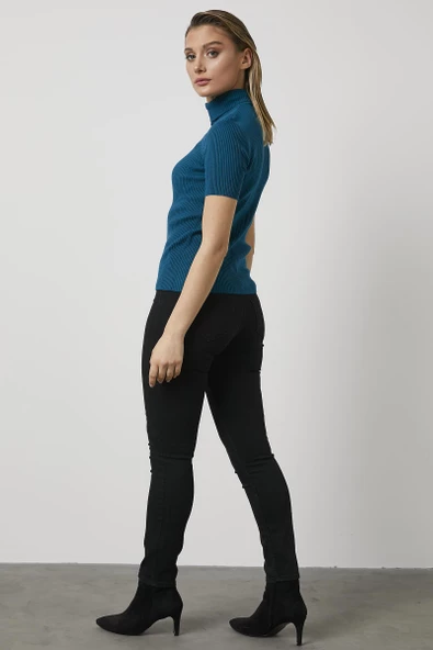 Tam Balıkçı Yaka Kısa Kollu Triko Kazak - Turkuaz - Resim 4