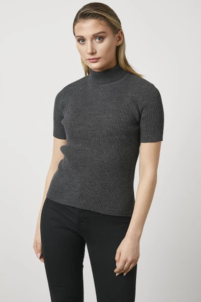 Tam Balıkçı Yaka Kısa Kollu Triko Kazak - Antrasit - Resim 4