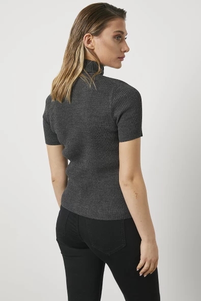 Tam Balıkçı Yaka Kısa Kollu Triko Kazak - Antrasit - Resim 7