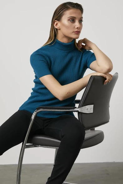 Tam Balıkçı Yaka Kısa Kollu Triko Kazak - Turkuaz - Resim 5