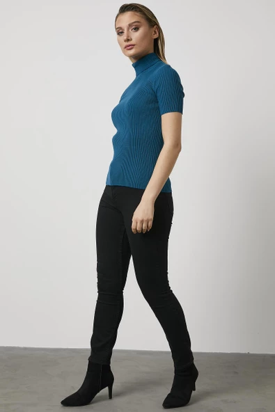 Tam Balıkçı Yaka Kısa Kollu Triko Kazak - Turkuaz - Resim 3