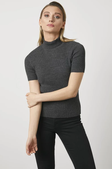 Tam Balıkçı Yaka Kısa Kollu Triko Kazak - Antrasit - Resim 6