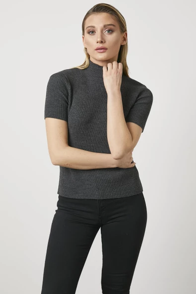 Tam Balıkçı Yaka Kısa Kollu Triko Kazak - Antrasit - Resim 5