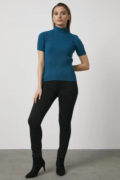 Tam Balıkçı Yaka Kısa Kollu Triko Kazak - Turkuaz - Resim 2