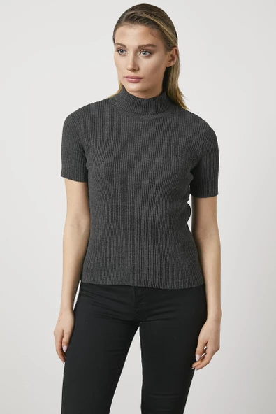 Tam Balıkçı Yaka Kısa Kollu Triko Kazak - Antrasit - Resim 3