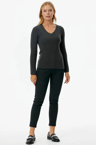 V Yaka Basic Triko Kazak - Antrasit ürün görseli 1