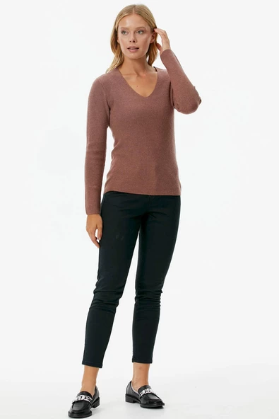 V Yaka Basic Triko Kazak - Tarçın - Resim 3