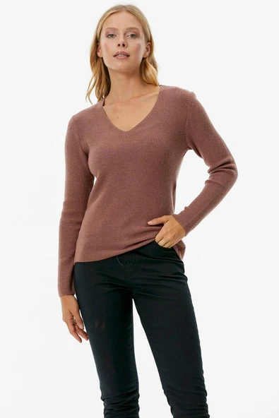 V Yaka Basic Triko Kazak - Tarçın - Resim 4