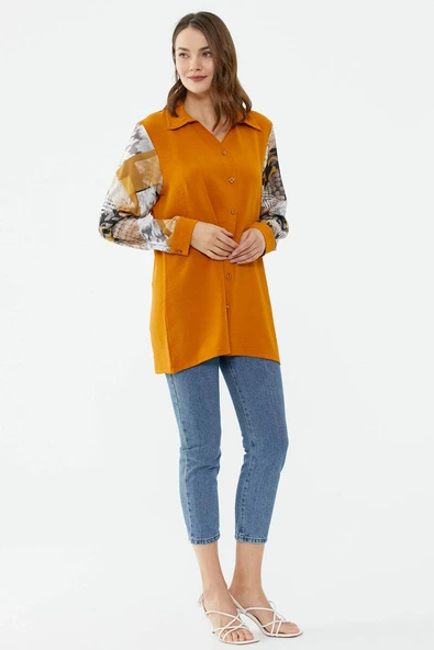 Büyük Beden Kolları Desenli Uzun Gömlek - Tarçın - 3