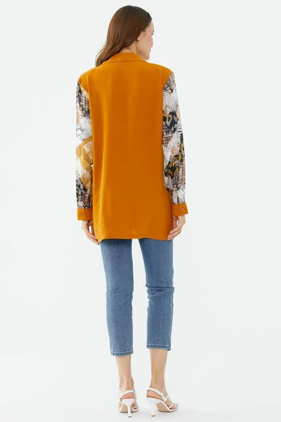 Büyük Beden Kolları Desenli Uzun Gömlek - Tarçın - 5