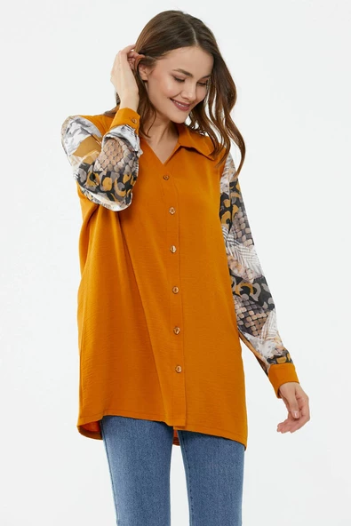 Büyük Beden Kolları Desenli Uzun Gömlek - Tarçın - 2