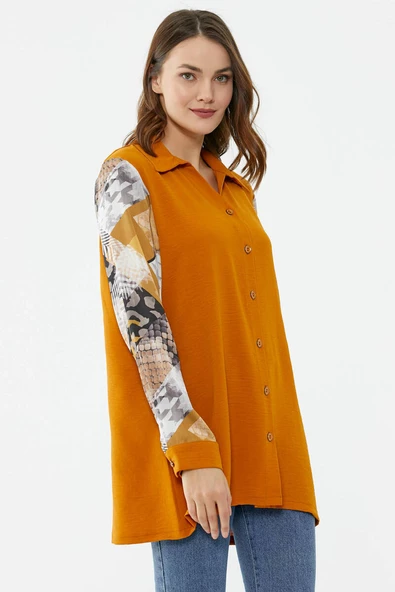 Büyük Beden Kolları Desenli Uzun Gömlek - Tarçın - 4