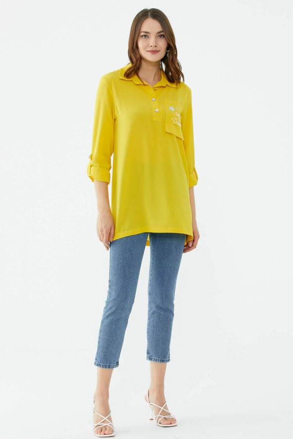 Cep Detaylı Krep Uzun Gömlek - Sarı