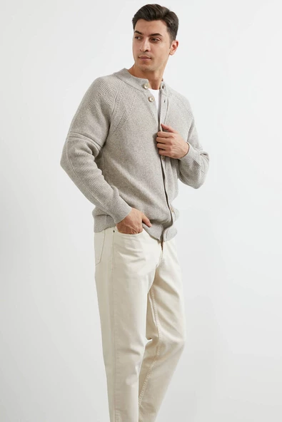 Yarım Balıkçı Düğmeli Triko Hırka - Vizon - 4