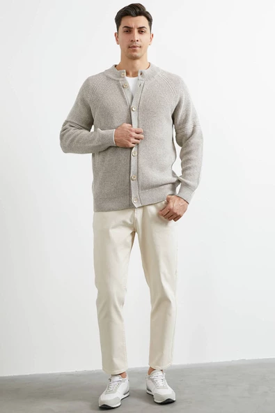 Yarım Balıkçı Düğmeli Triko Hırka - Vizon - 2