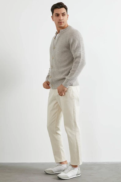 Yarım Balıkçı Düğmeli Triko Hırka - Vizon - 3