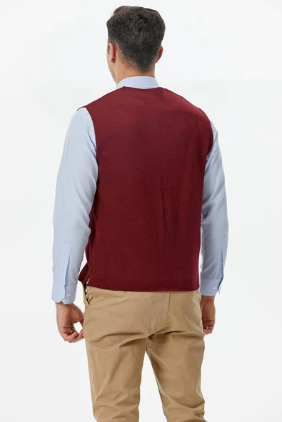 Klasik Triko Düğmeli Triko Yelek - Bordo - 3