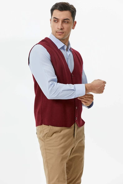 Klasik Triko Düğmeli Triko Yelek - Bordo - 4