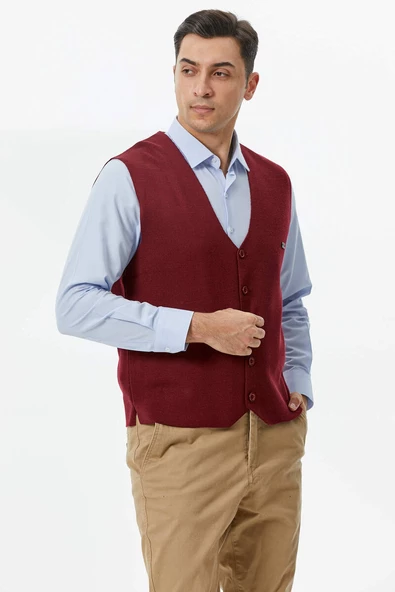 Klasik Triko Düğmeli Triko Yelek - Bordo - 2