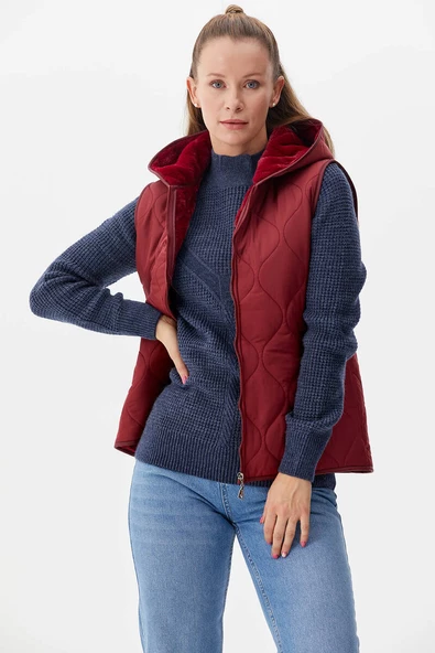İçi Peluş Kürklü Kapüşonlu Kapitone Yelek - Bordo - 3