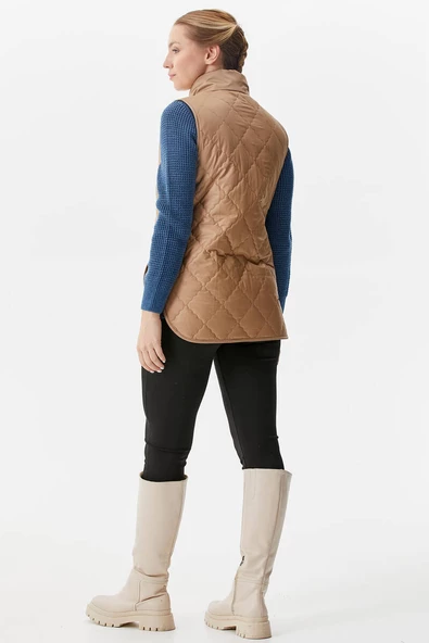 Kapitone Dik Yaka İçi Peluş Yelek - Bej - Resim 4