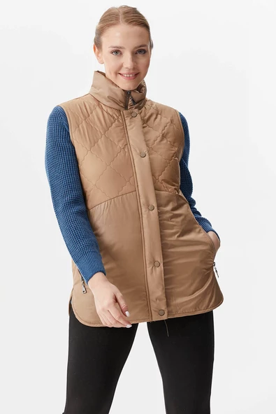 Kapitone Dik Yaka İçi Peluş Yelek - Bej - Resim 2