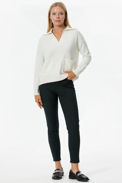 Polo Yaka Cepli Triko Kazak - Kemik ürün görseli 1